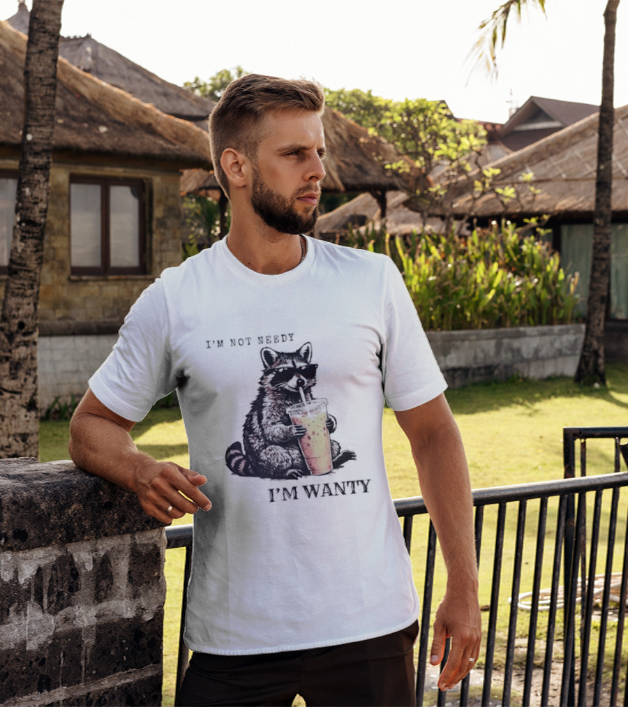 Im Not Needy Wanty Raccoon Wearing Black Sunglasses Drinking Iced Beverage T-Shirt