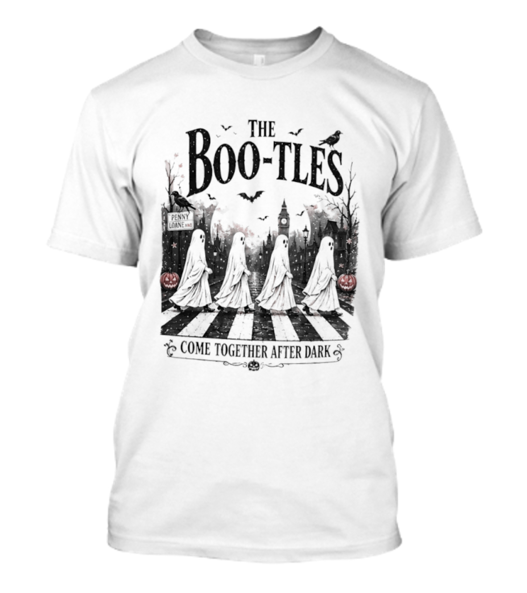 The Boo Tles Come Together After Dark Halloween Ghostly Abbey Road Bats Pumpkins T-Shirt