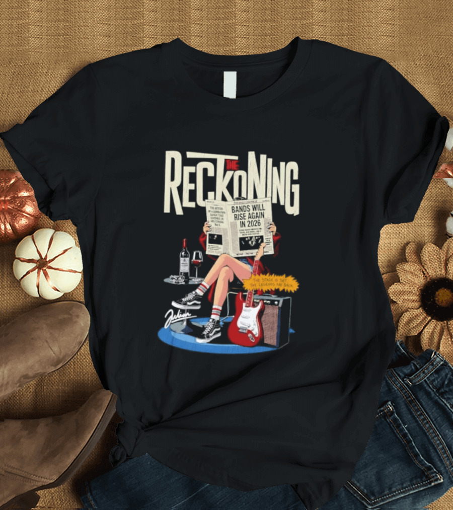 The Reckoning Bands Will Rise Again 2026 Woman Reading Newspaper Red Electric Guitar Amp T-Shirt