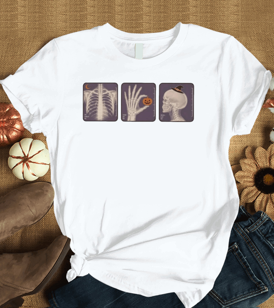 X Ray Skeleton Halloween Chest Hand Pumpkin Skull Witch Hat T-Shirt