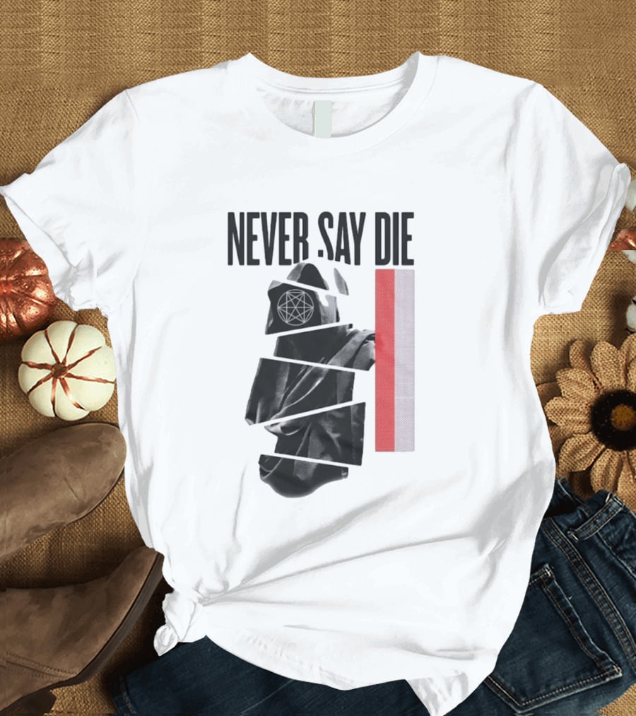 Never Say Die Hooded Occult Figure With Pentagram Halftone T-Shirt