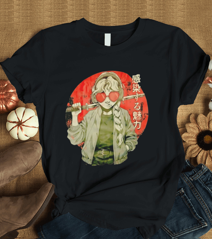 Anime Katana Girl Infectious Charm Heart Sunglasses Braided Hair T-Shirt