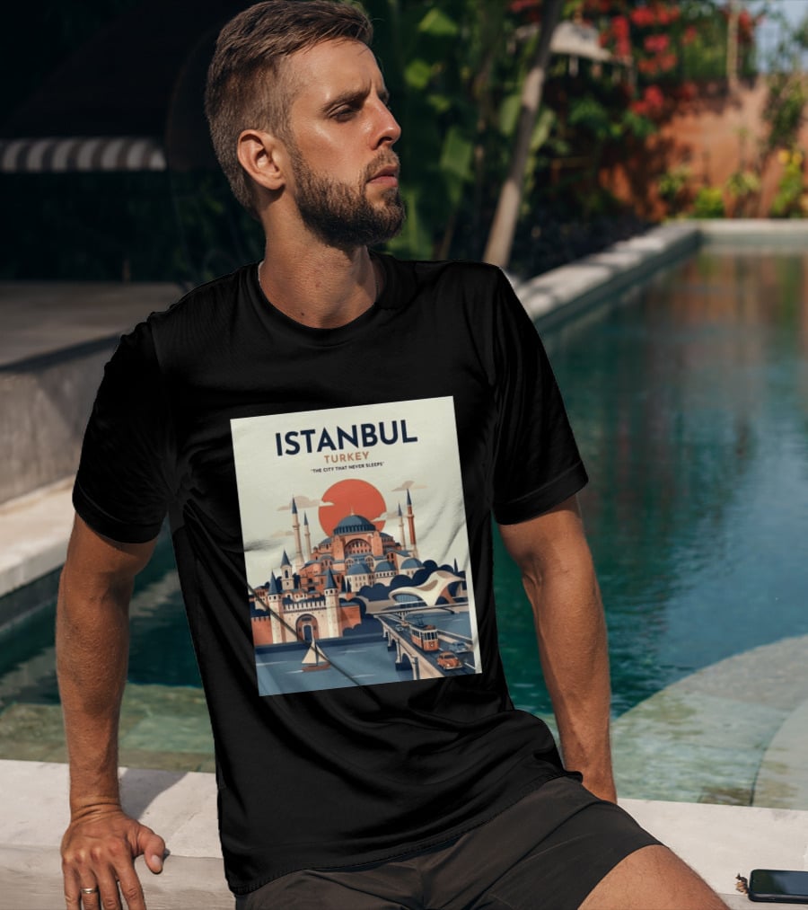 Istanbul Turkey The City That Never Sleeps Iconic Landmarks Urban Skyline Retro Style Scenic Tram And Sailboat T-Shirt