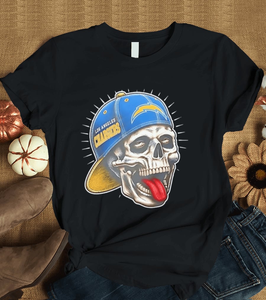 Los Angeles Chargers Skull Tongue Out Cap Football T-Shirt