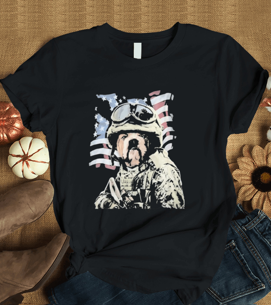American Bulldog Soldier With United States Flag Goggles And Military Gear T-Shirt