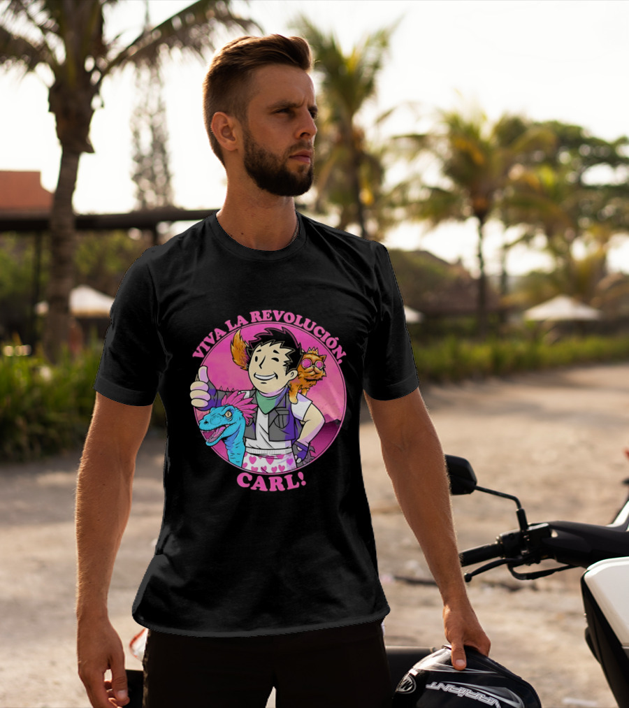 Viva La Revolución Carl Fallout Vault Boy Dinosaur Cat T-Shirt