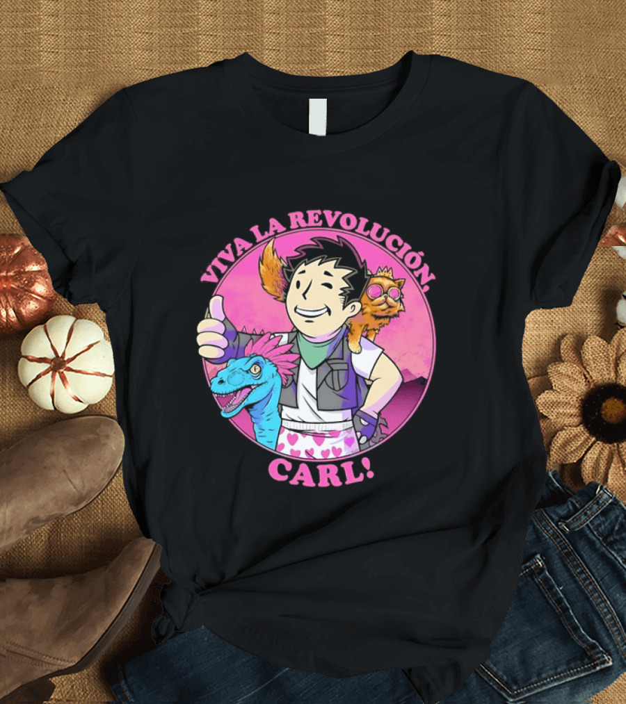 Viva La Revolución Carl Fallout Vault Boy Dinosaur Cat T-Shirt