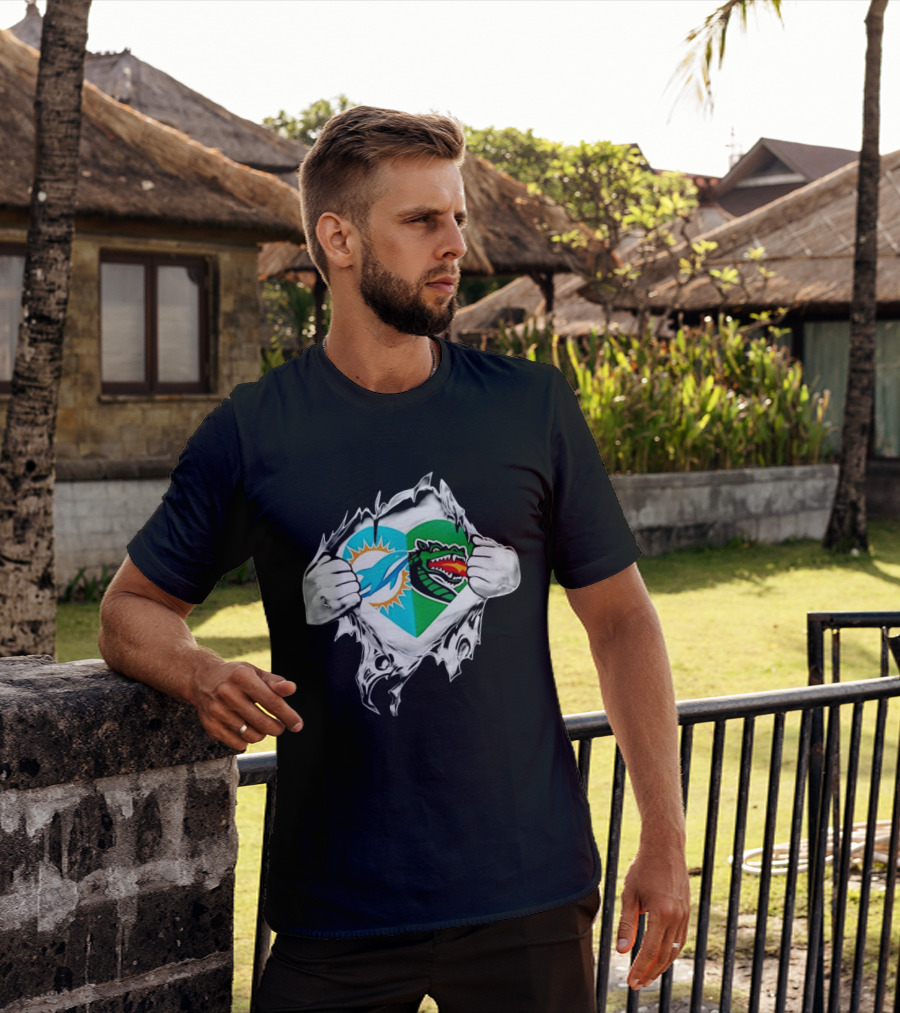 Miami Dolphins UAB Blazers Heart Superman Chest Rip T-Shirt
