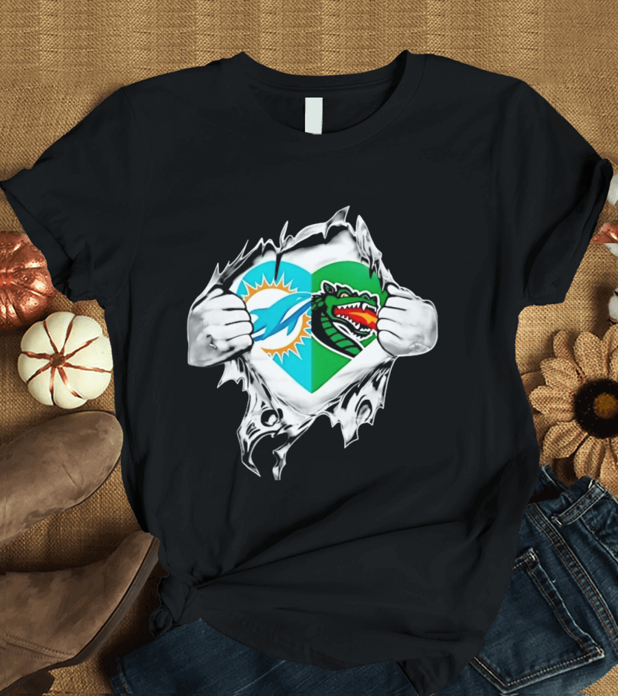 Miami Dolphins UAB Blazers Heart Superman Chest Rip T-Shirt