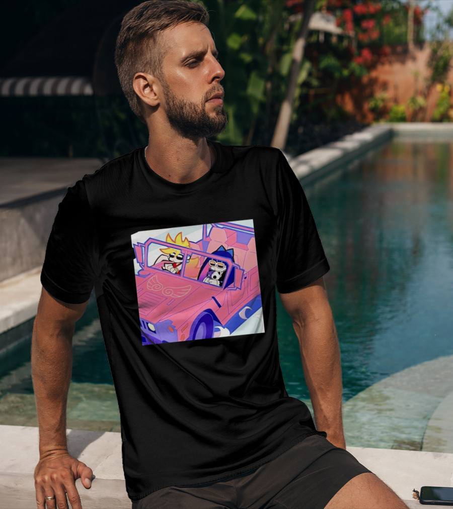 Panty And Stocking With Garterbelt Anime Characters Riding In Pink Car T-Shirt