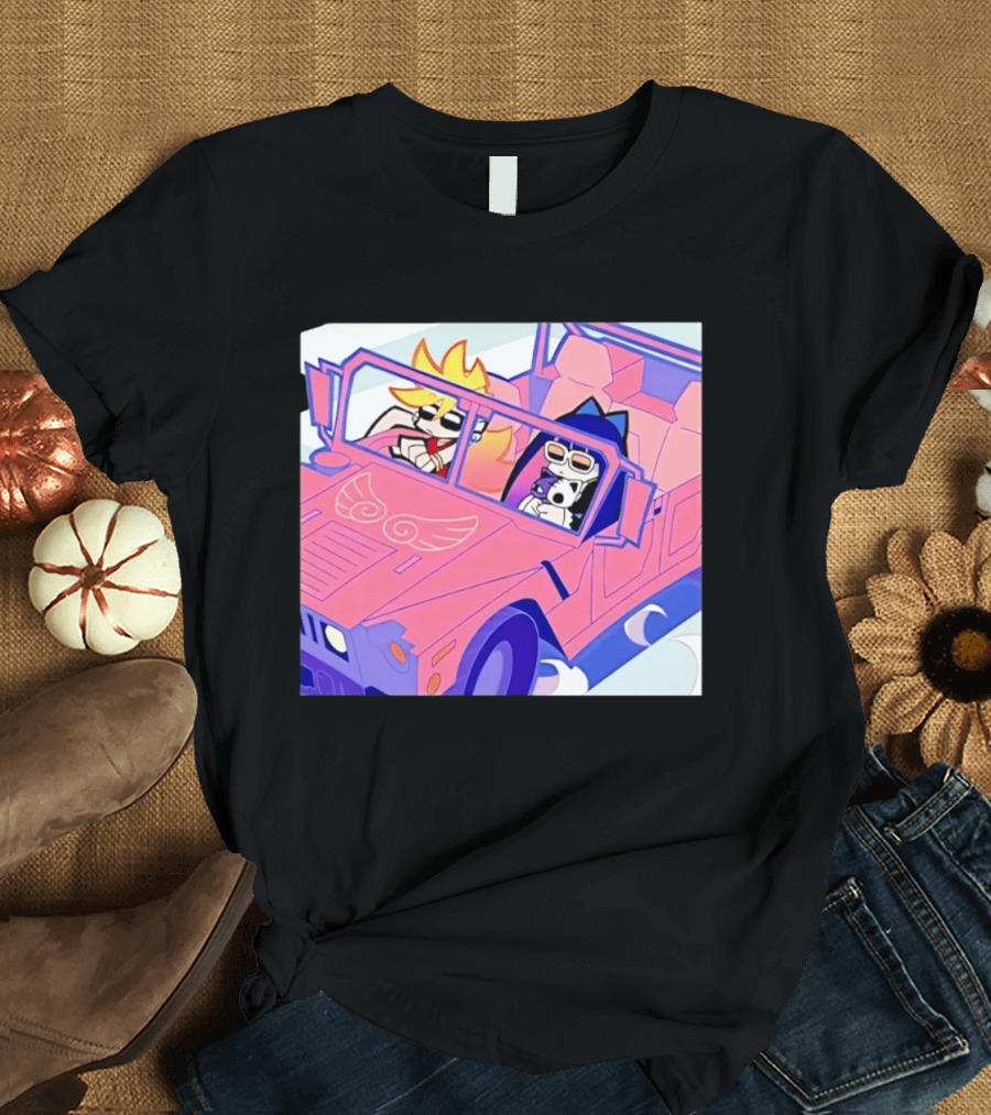 Panty And Stocking With Garterbelt Anime Characters Riding In Pink Car T-Shirt