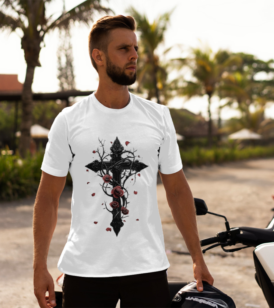 Gothic Cross Red Roses Thorns Religious Symbol Roses T-Shirt