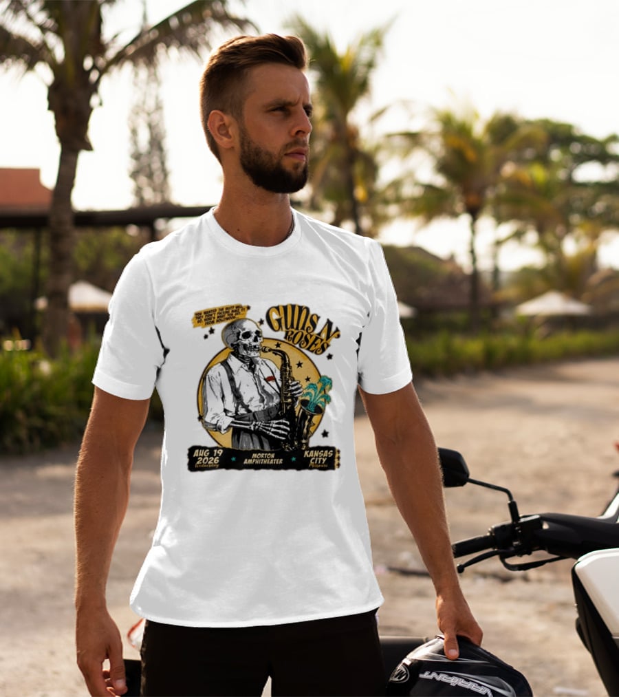 Guns N' Roses Aug 19 2026 Morton Amphitheater Kansas City Skeleton Saxophone T-Shirt