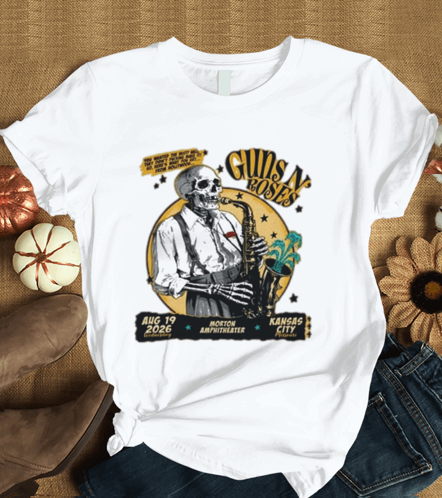 Guns N' Roses Aug 19 2026 Morton Amphitheater Kansas City Skeleton Saxophone T-Shirt