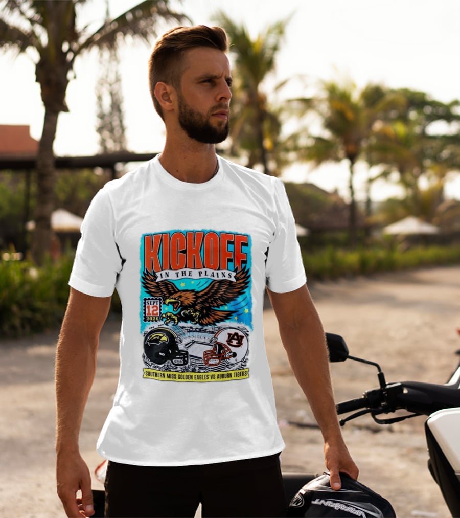 Kickoff In The Plains Southern Miss Golden Eagles Vs Auburn Tigers Sept 12 2026 Football Matchup T-Shirt