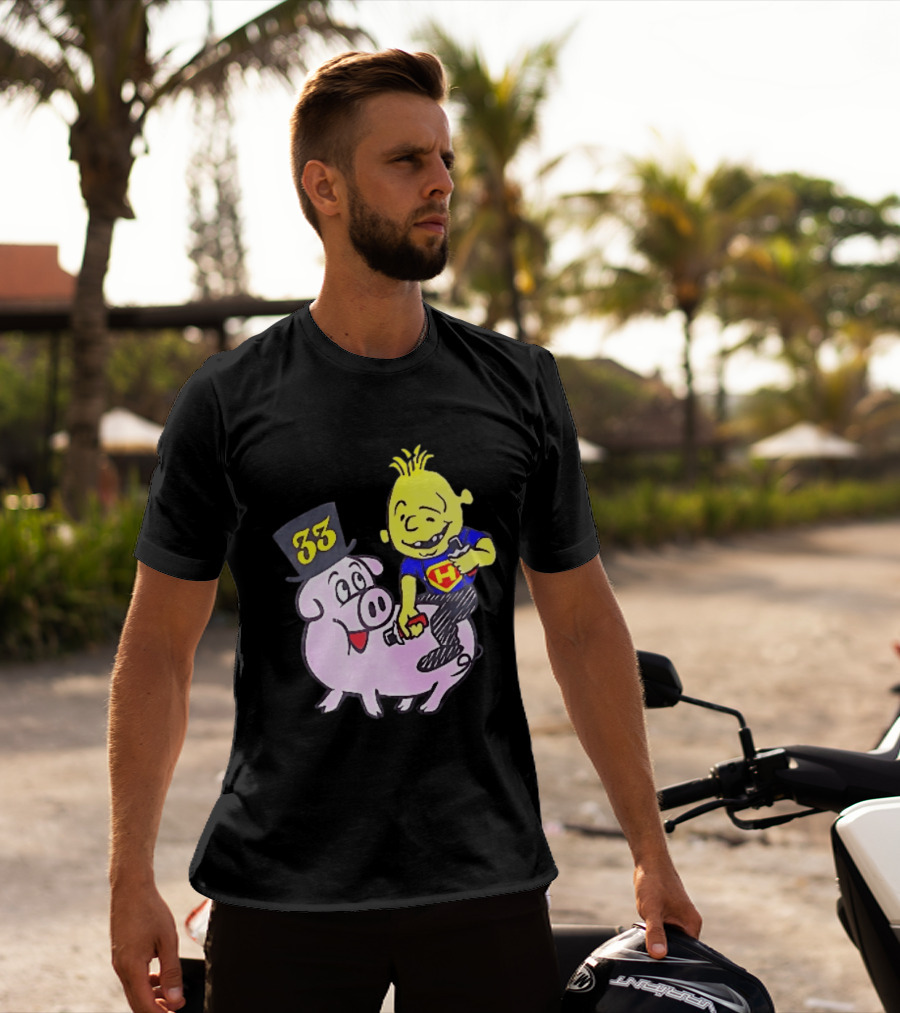 33 Cartoon Boy Yellow Hair Riding Pink Pig Black Top Hat H Hero T-Shirt