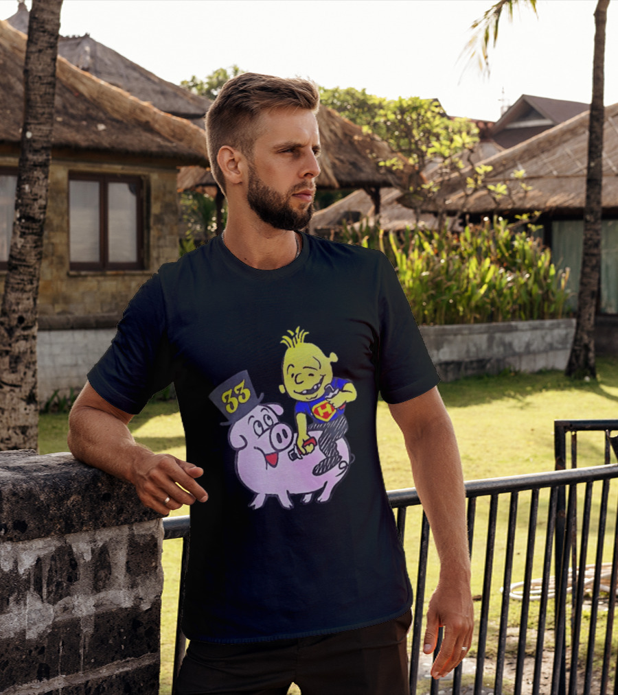 33 Cartoon Boy Yellow Hair Riding Pink Pig Black Top Hat H Hero T-Shirt