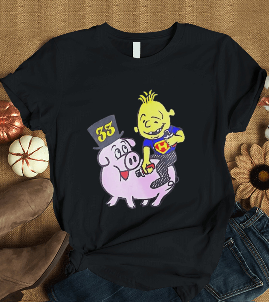 33 Cartoon Boy Yellow Hair Riding Pink Pig Black Top Hat H Hero T-Shirt
