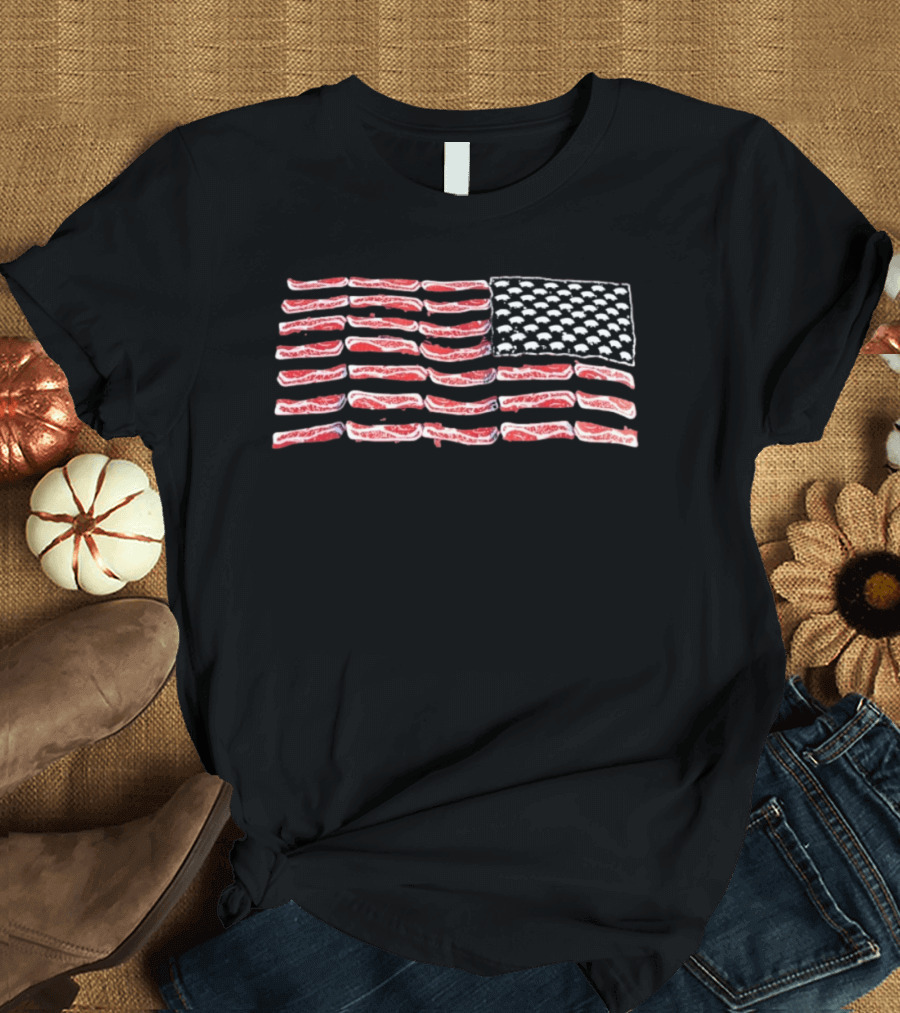 American Flag Bacon Strips With Pigs Pork Lover T-Shirt