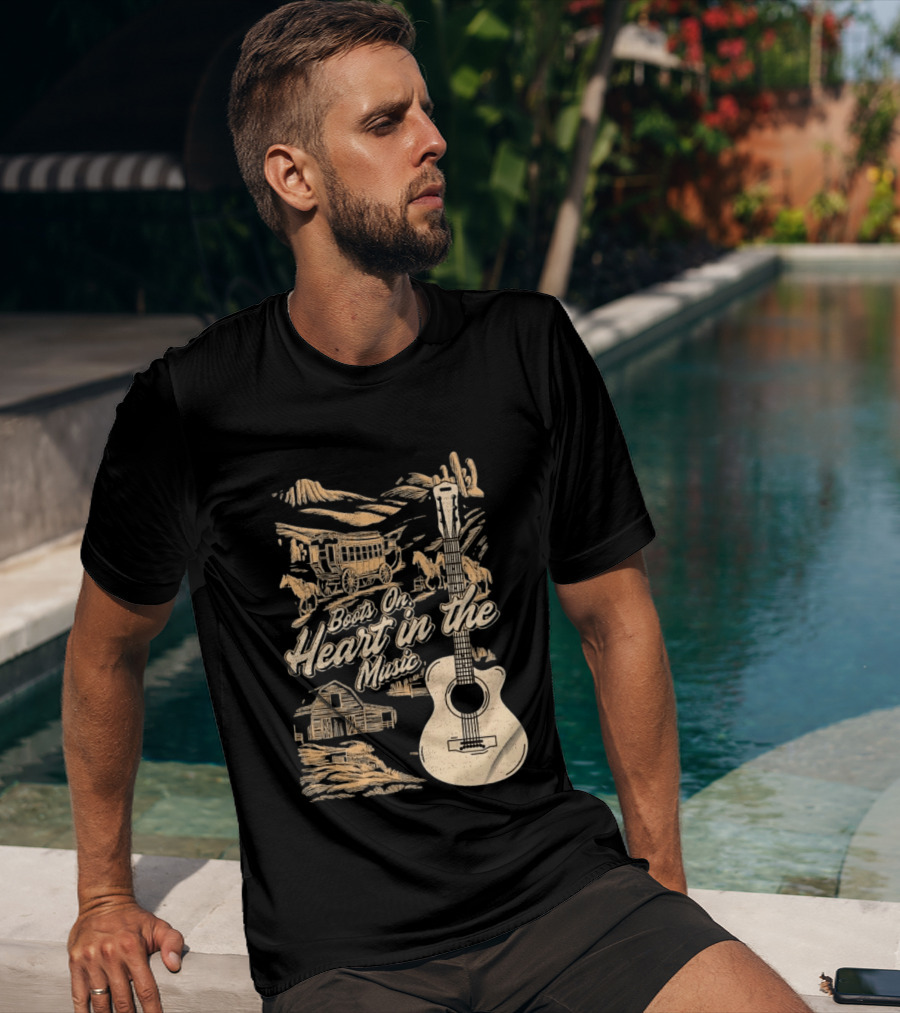 Boots On Heart In The Music Acoustic Guitar Cowboy Stagecoach Barn Scene T-Shirt