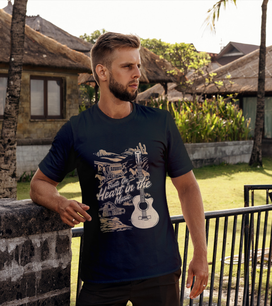 Boots On Heart In The Music Acoustic Guitar Cowboy Stagecoach Barn Scene T-Shirt