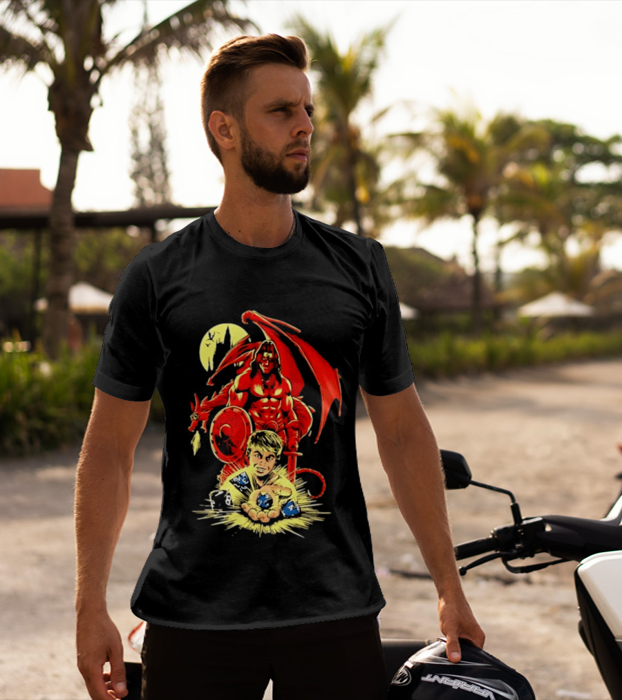 Dungeons And Dragons Player With Red Dragon And Blue Dice Adventure T-Shirt