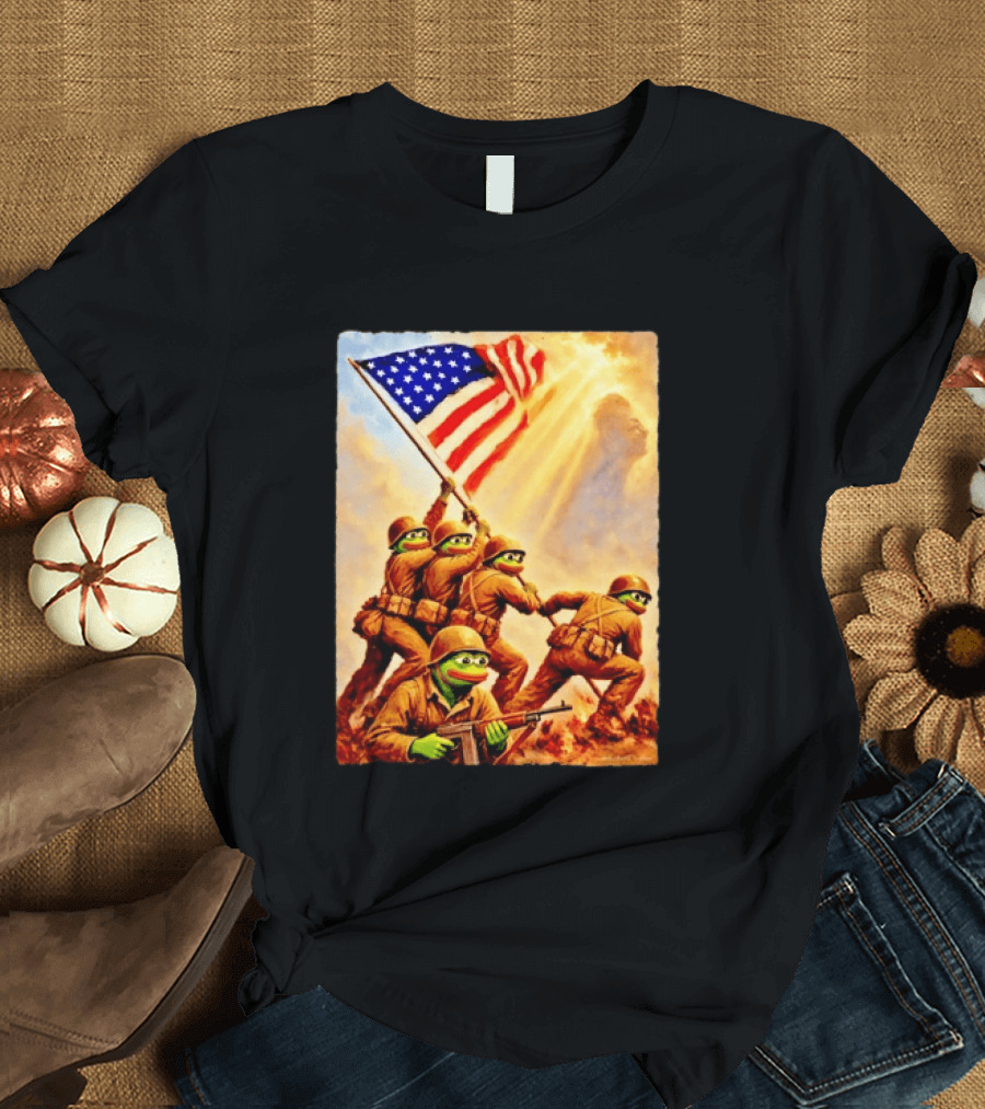Pepe The Frog American Flag Soldiers Together We Win WWII Iwo Jima Memorial T-Shirt