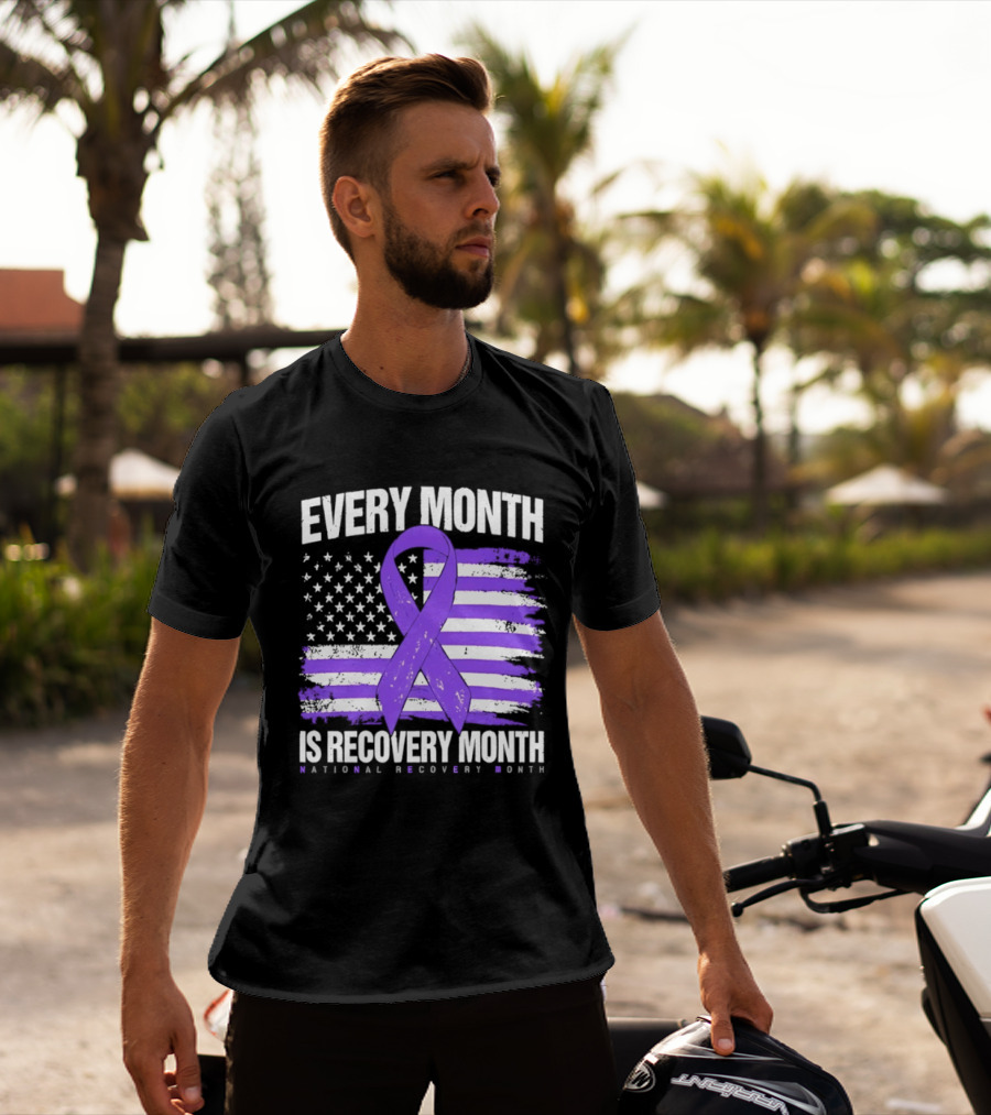 Every Month Is Recovery Month Purple Ribbon American Flag National Recovery Month T-Shirt