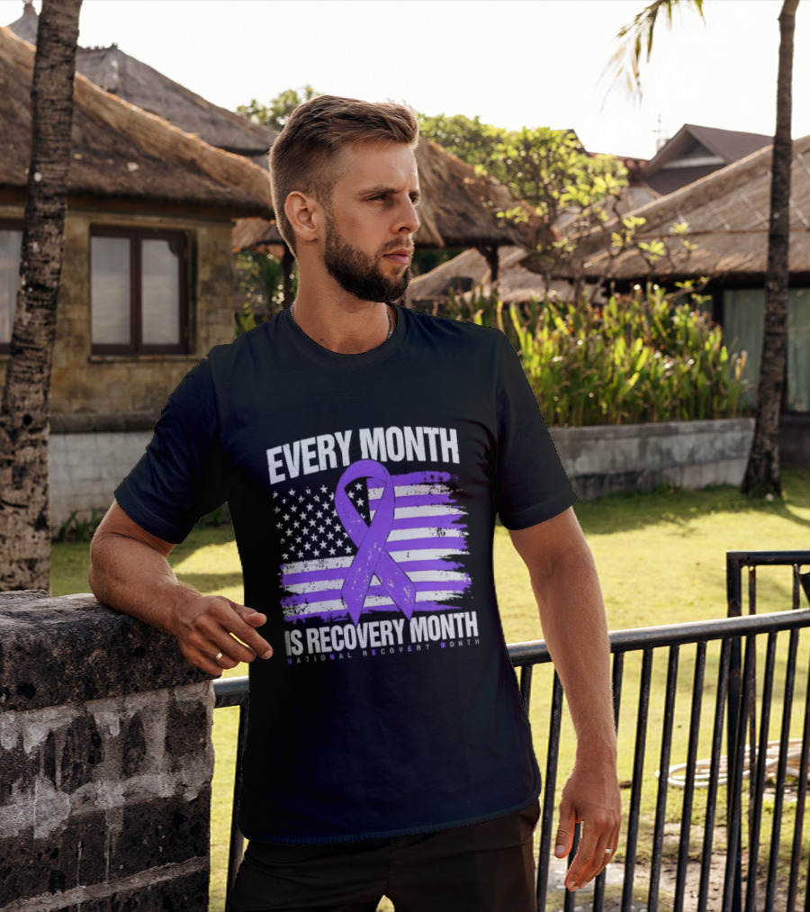 Every Month Is Recovery Month Purple Ribbon American Flag National Recovery Month T-Shirt