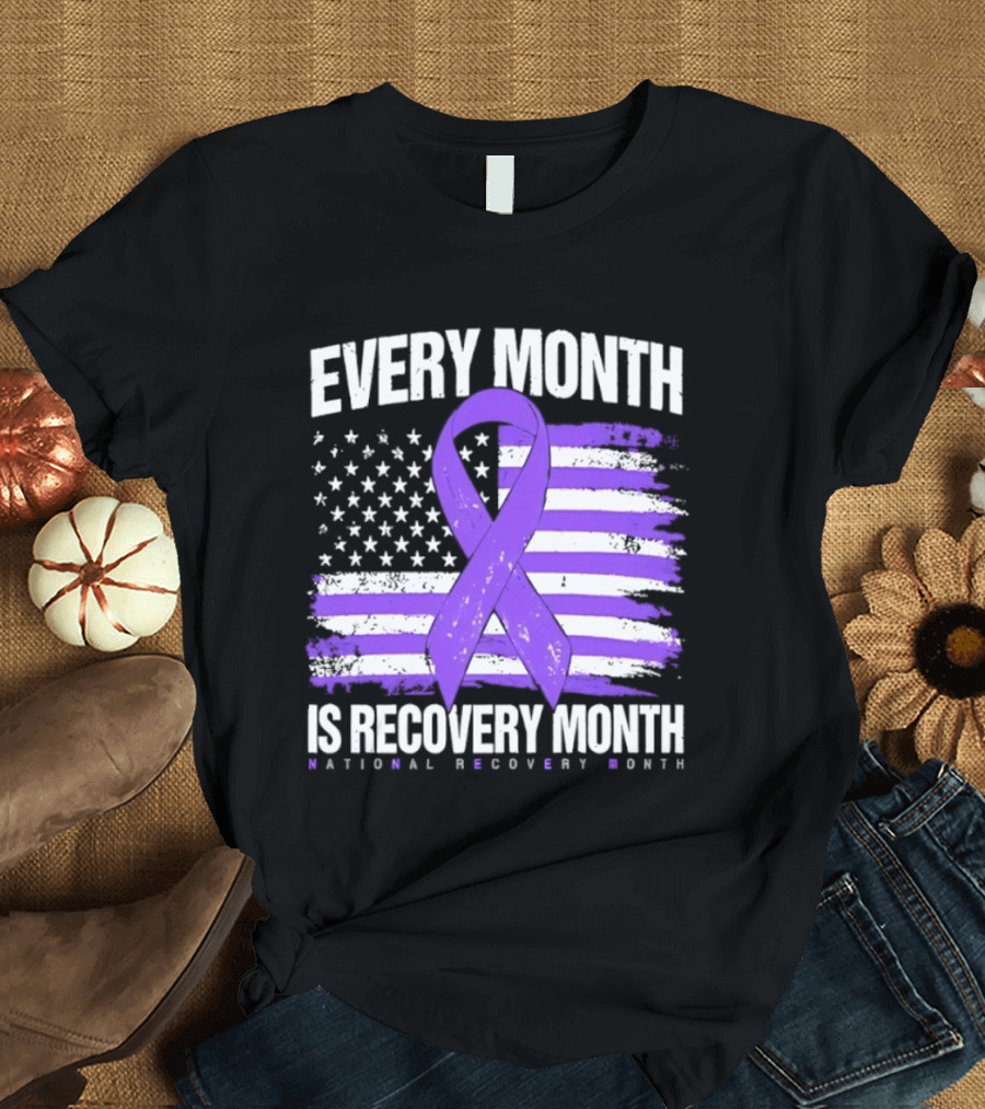 Every Month Is Recovery Month Purple Ribbon American Flag National Recovery Month T-Shirt