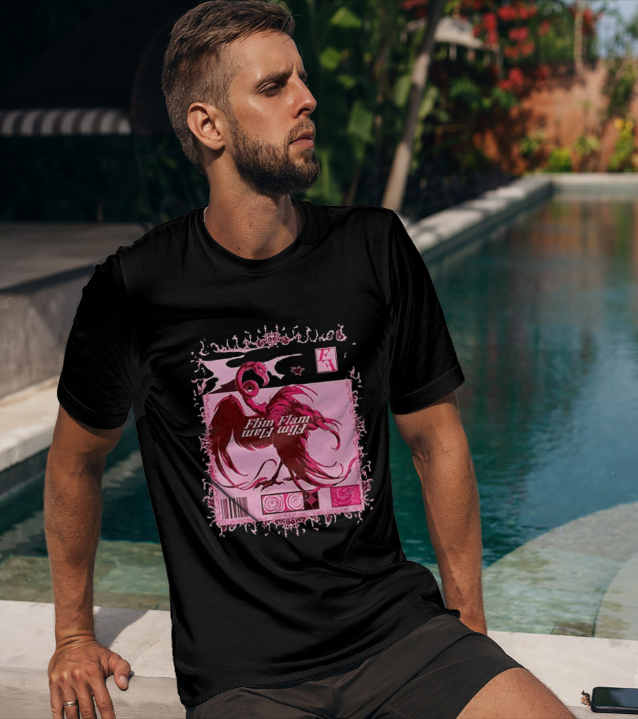 Flim Flam Flamingo Barcode Pink Swirl Border T-Shirt