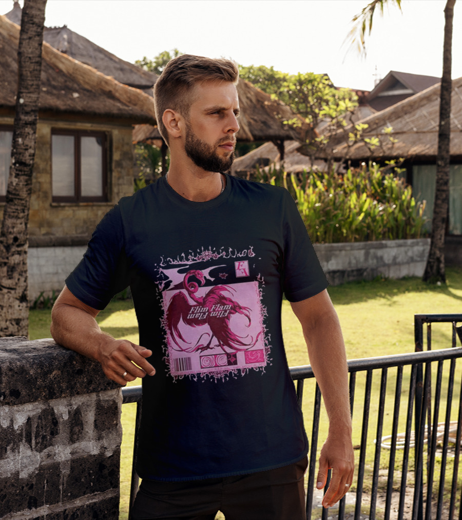 Flim Flam Flamingo Barcode Pink Swirl Border T-Shirt