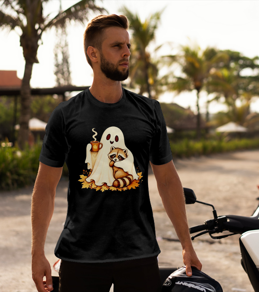 Ghost Hugging Raccoon With Coffee And Autumn Leaves T-Shirt