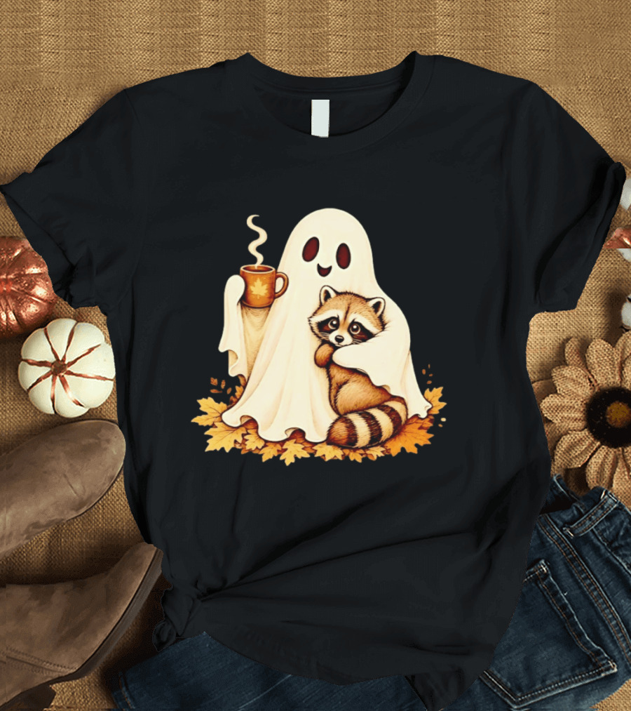 Ghost Hugging Raccoon With Coffee And Autumn Leaves T-Shirt
