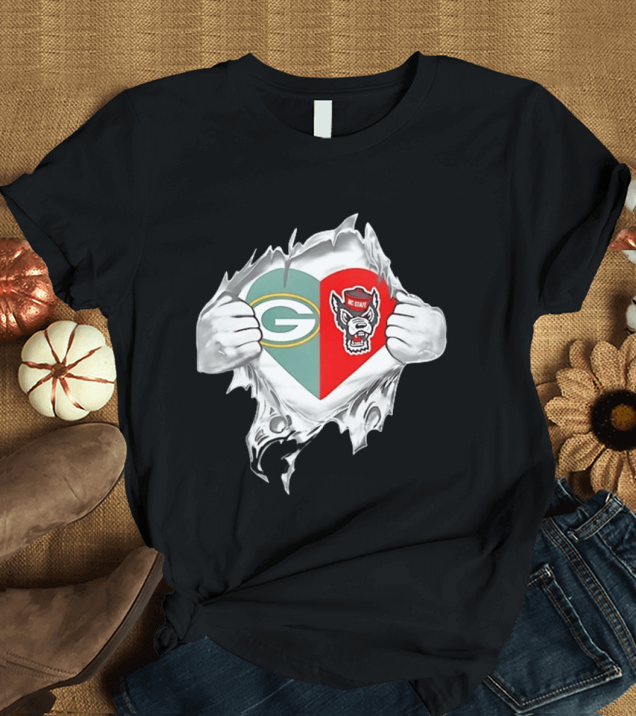 Green Bay Packers NC State Wolfpack Heart Superman Chest Rip T-Shirt