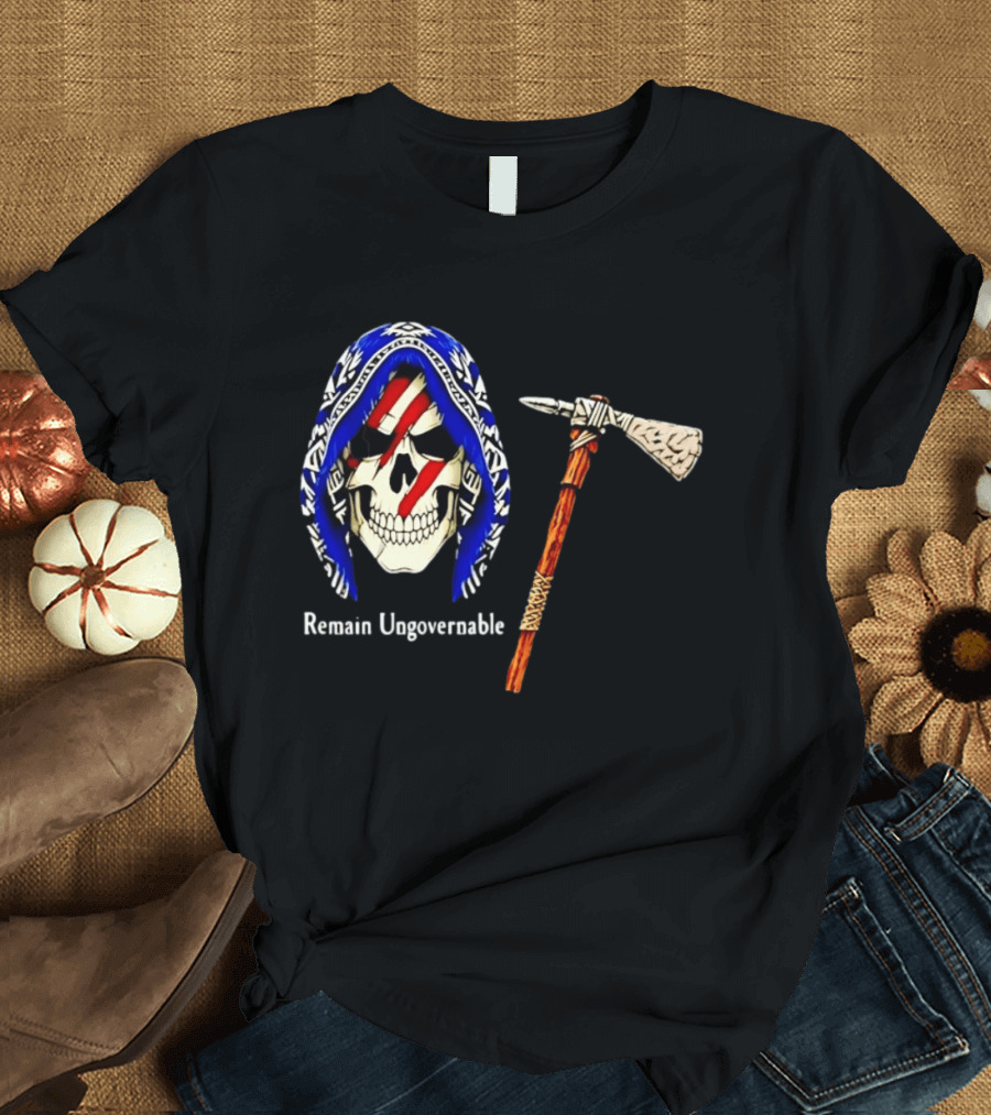 Skull With Tomahawk Remain Ungovernable Hooded Skeleton Red Marks T-Shirt