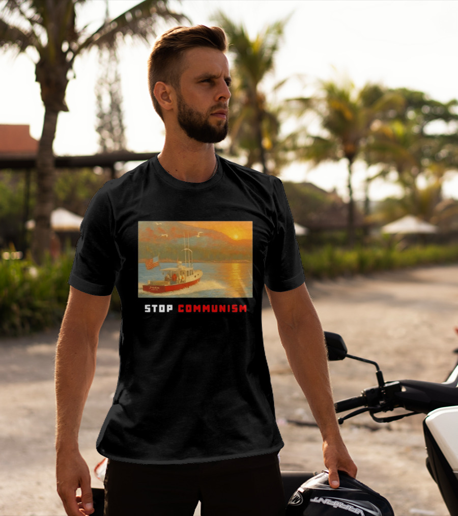 Stop Communism Freedom Boat American Flag Sunset Landscape T-Shirt