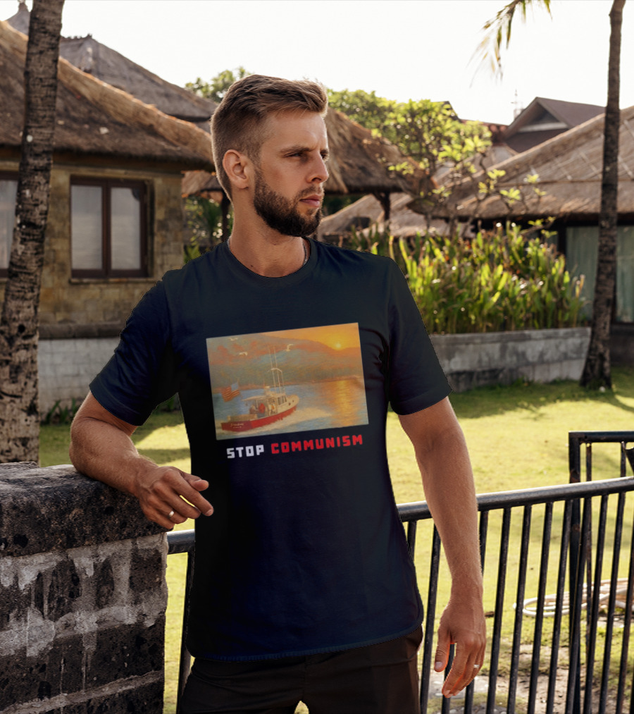 Stop Communism Freedom Boat American Flag Sunset Landscape T-Shirt