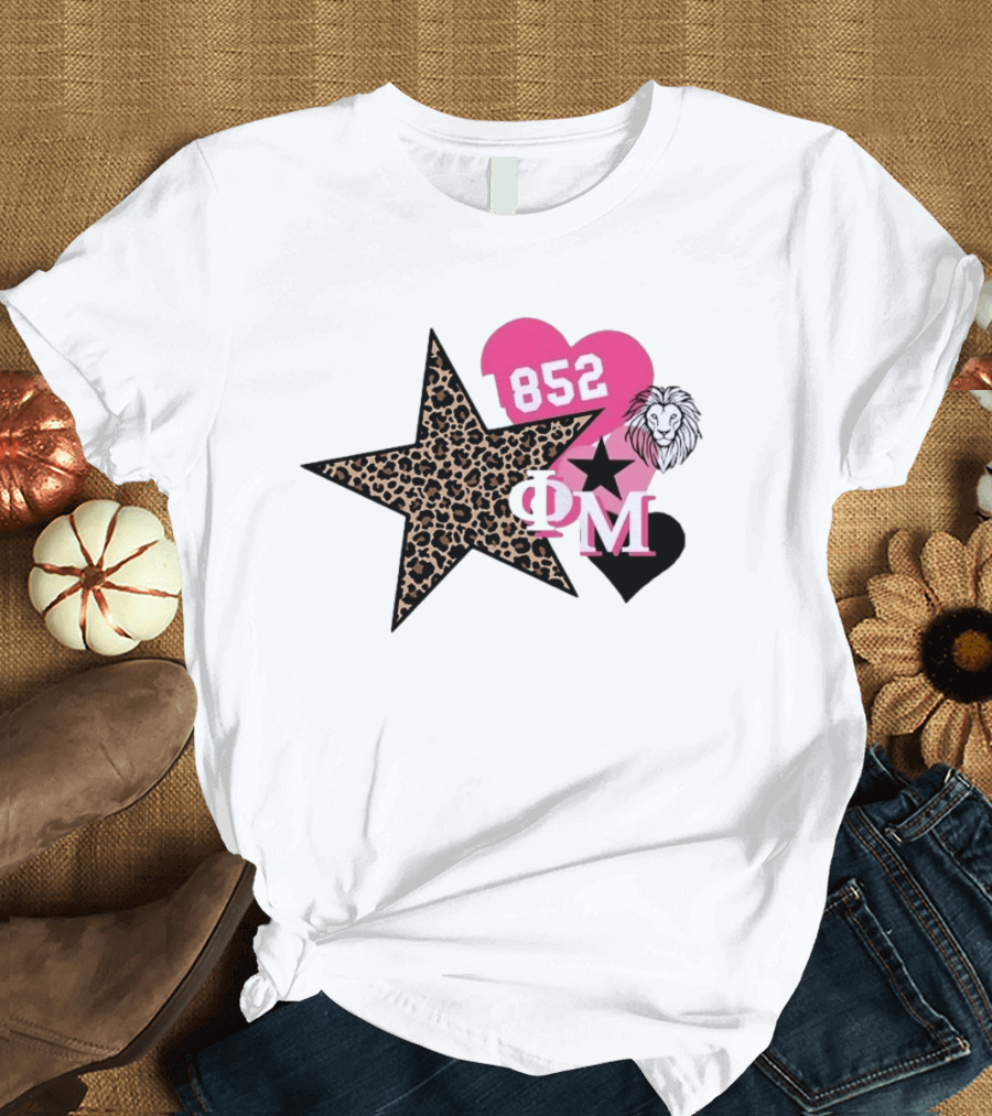 Phi Mu 1852 Leopard Star Lion 852 Pink Heart Sorority T-Shirt