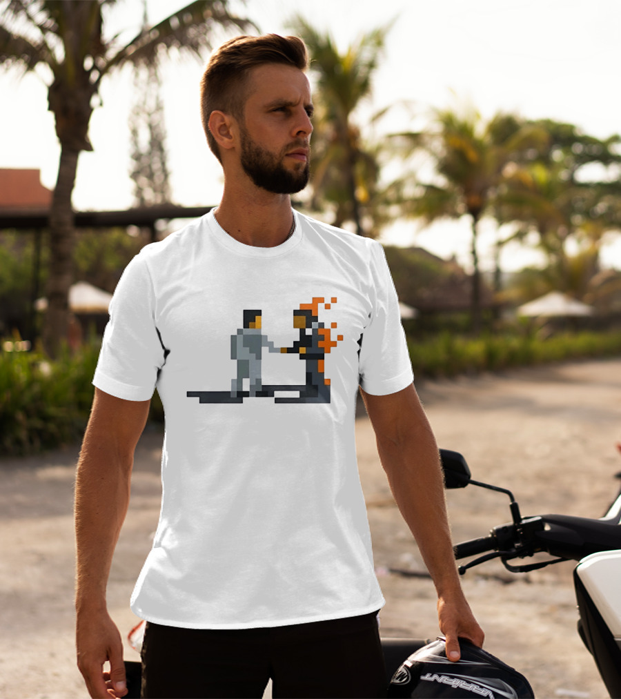 Pink Floyd Wish You Were Here Pixelated Two Men Shaking Hands Flames T-Shirt