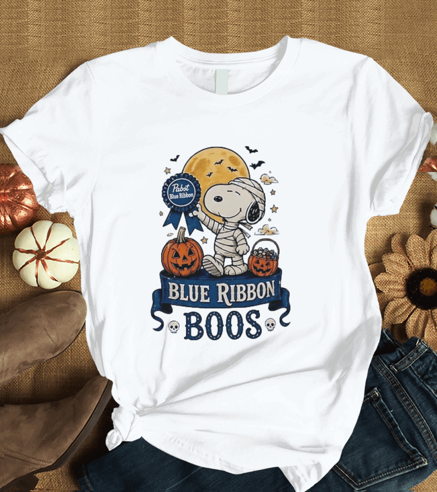 Pabst Blue Ribbon Snoopy Mummy Halloween Blue Ribbon Boos Pumpkin Moon Bats T-Shirt