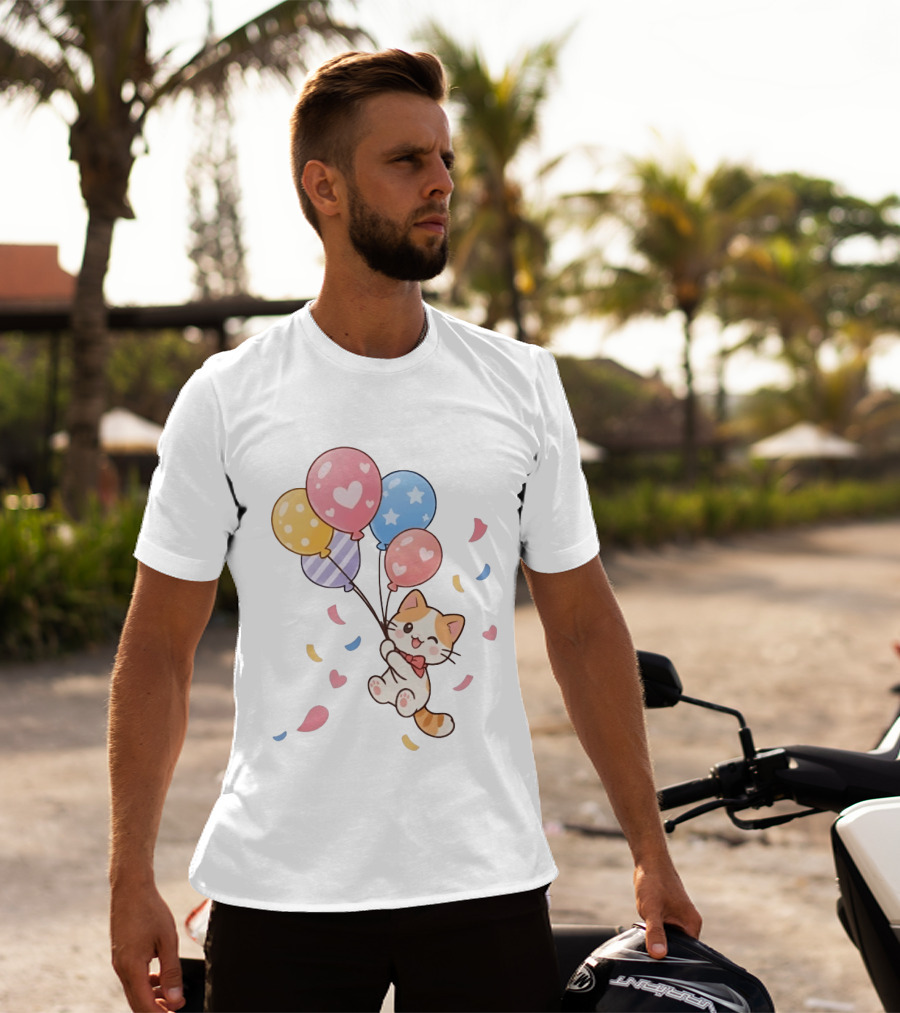 Cat Floating With Colorful Balloons T-Shirt