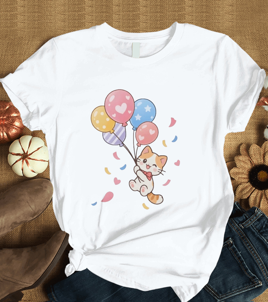 Cat Floating With Colorful Balloons T-Shirt