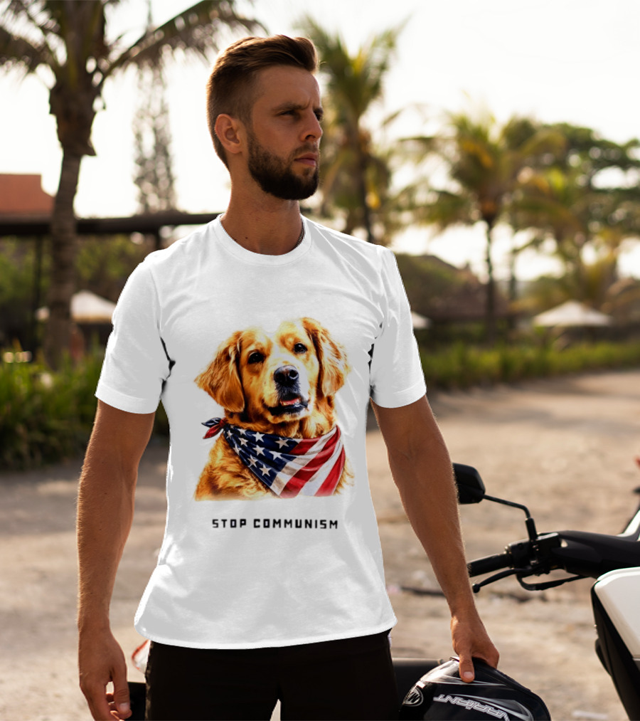 Golden Retriever Wearing American Flag Bandana Stop Communism T-Shirt