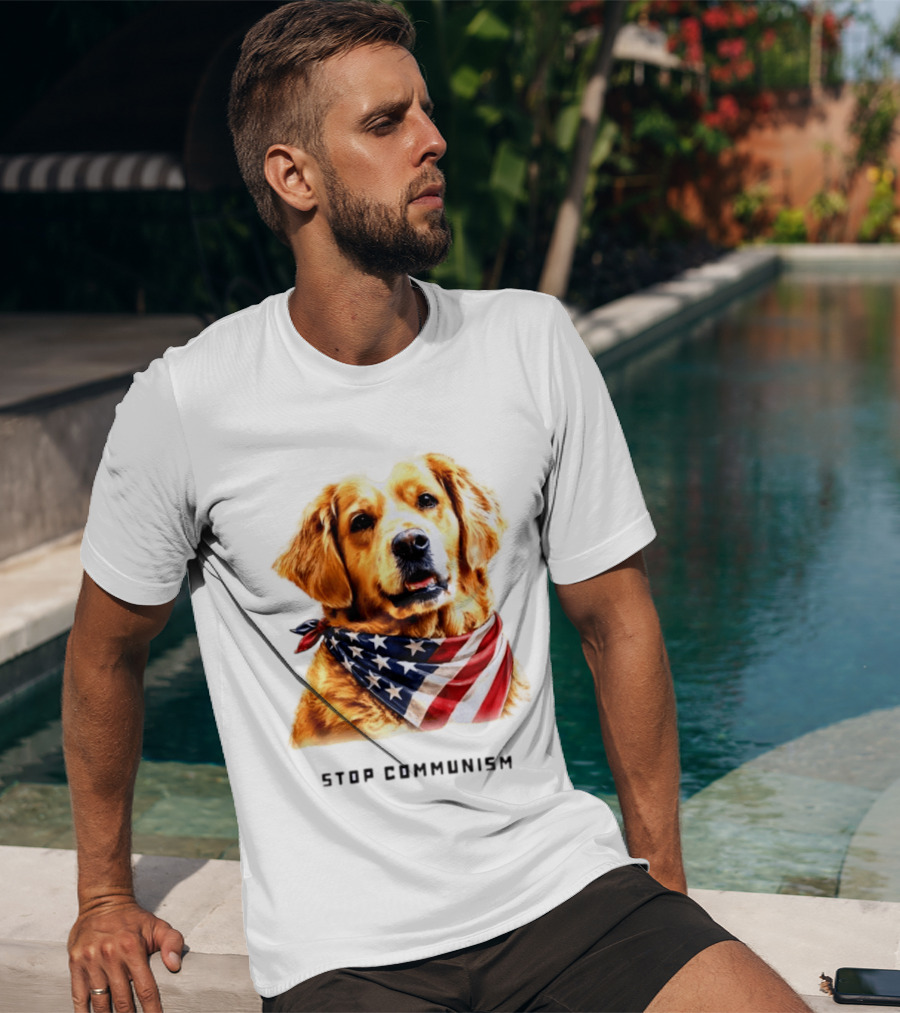 Golden Retriever Wearing American Flag Bandana Stop Communism T-Shirt