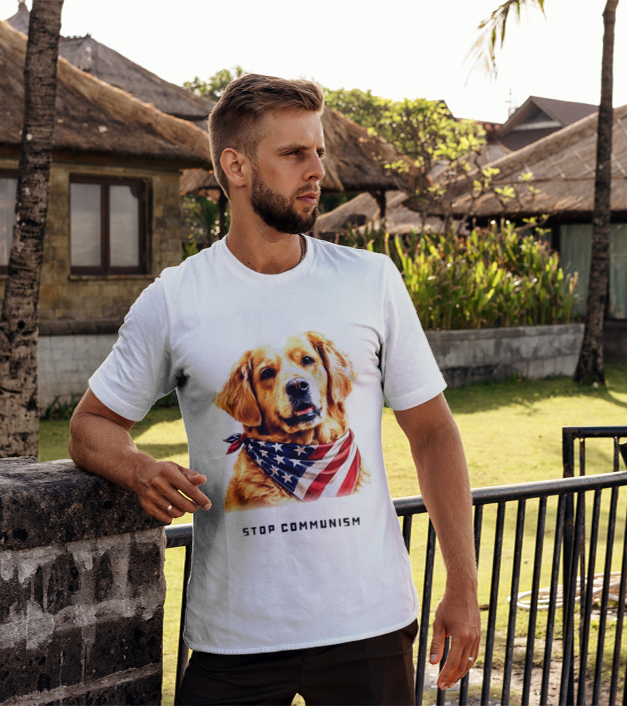 Golden Retriever Wearing American Flag Bandana Stop Communism T-Shirt