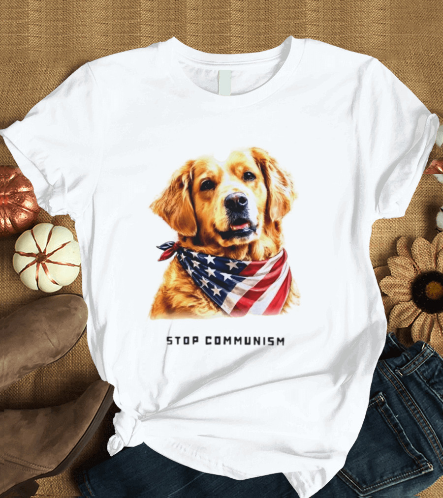 Golden Retriever Wearing American Flag Bandana Stop Communism T-Shirt