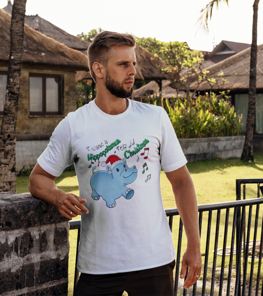 Inktastic I Want A Hippopotamus For Christmas Hippo In Santa Hat T-Shirt