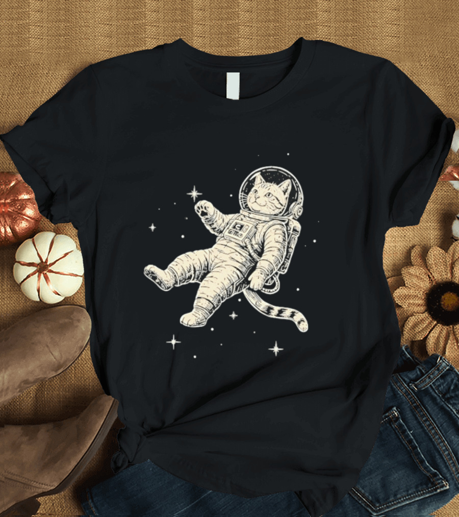 Astronaut Cat Floating In Space With Stars And Helmet T-Shirt