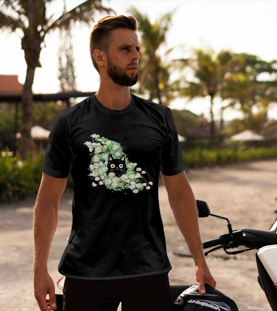 Black Cat Surrounded By Daisies In A Field T-Shirt
